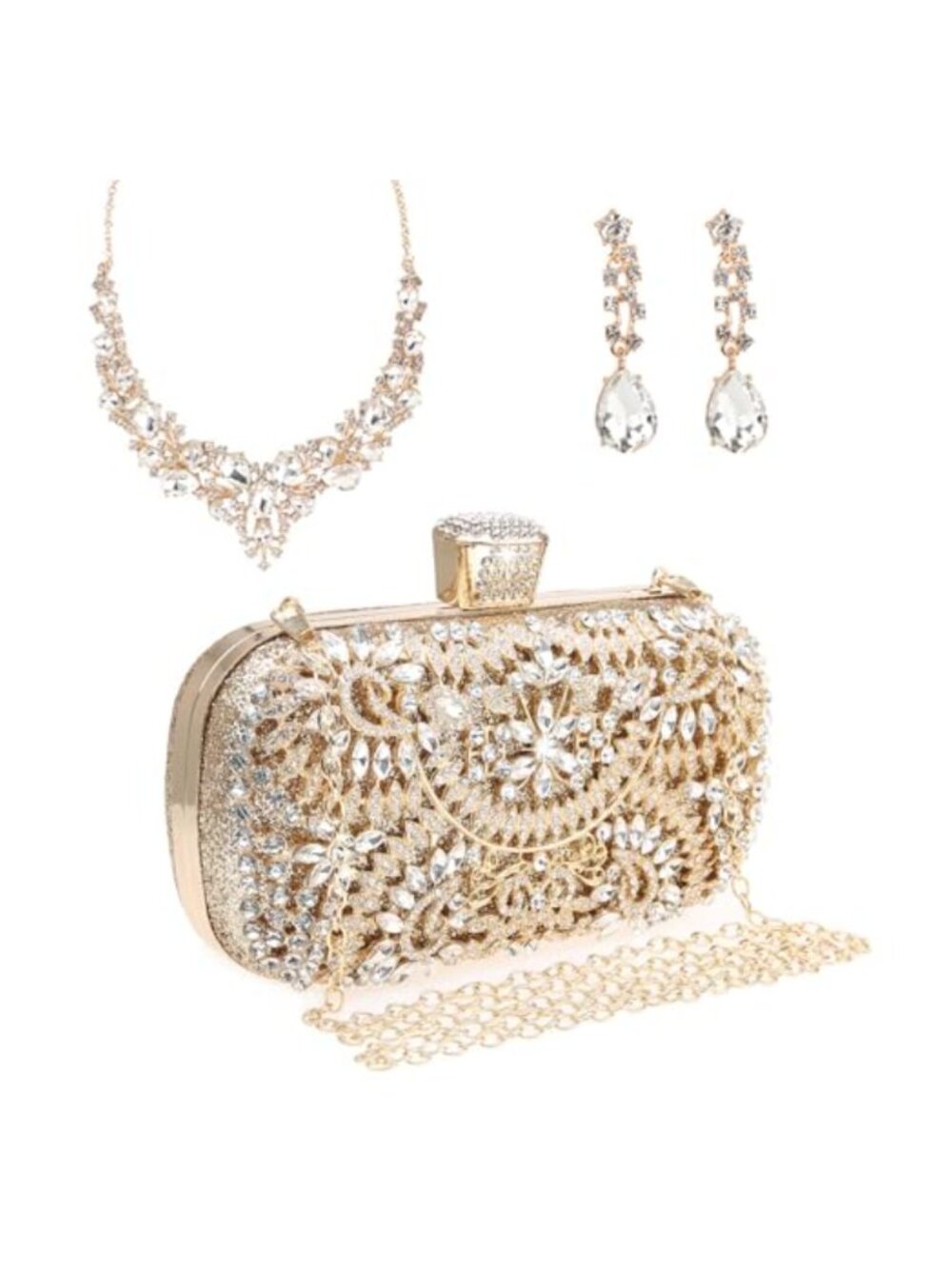 Rhinestone Sequin Clutch Purse with Necklace Earrings Set Evening Bag